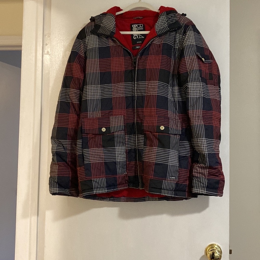 Billabong Men’s Blue and Red Plaid Hooded Puffer